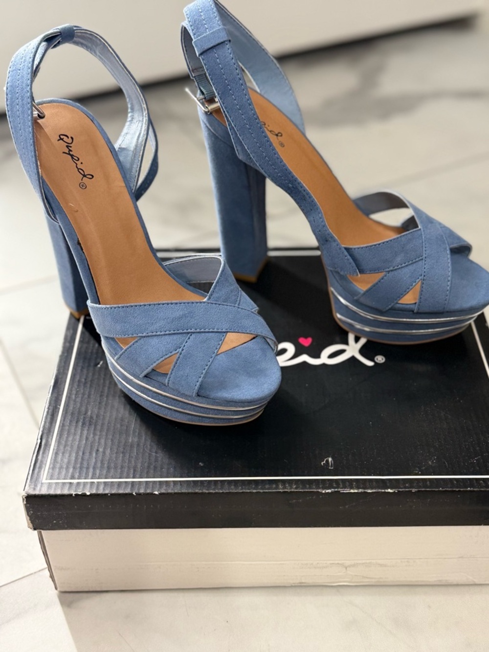 Qupid Ocean Blue Strappy Suede Platform Heels